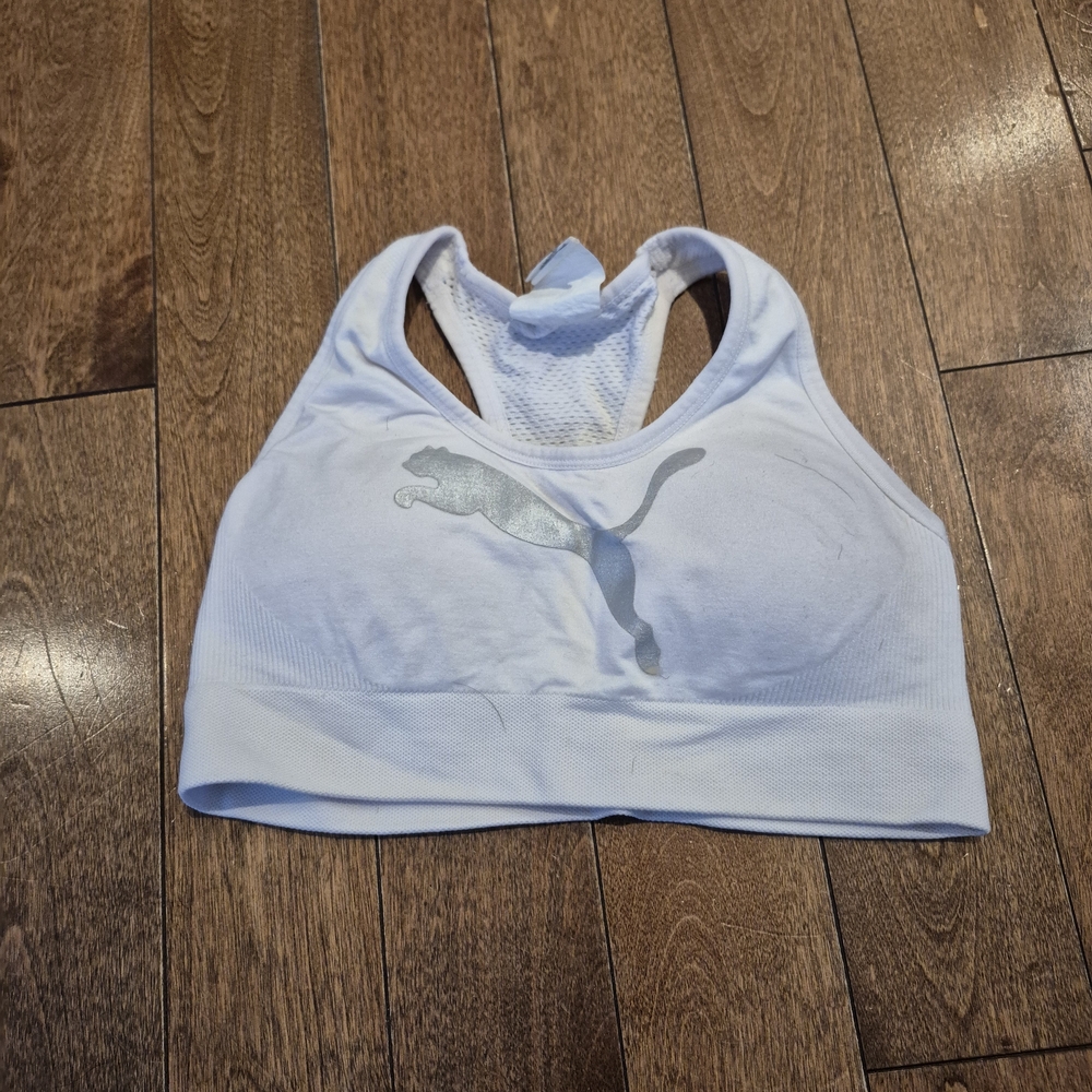 Puma Light Blue Racerback Seamless Sports Bra with Silver Logo